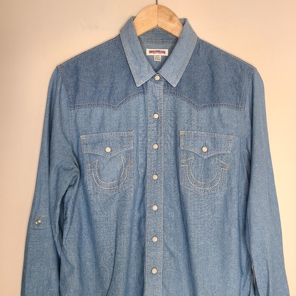 True Religion Denim Pearl Snap Shirt Womens Blue Western Cowgirl Classic‎ XL - Picture 2 of 8